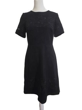 Jax Vintage Black Short Sleeve Fit-and-Flare Faux Suede Embroidered Dress Size 4